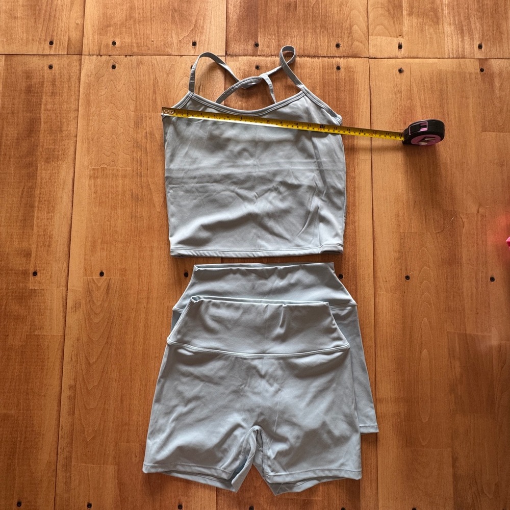 Similar to Lulu 3 Piece Workout Set Baby Blue Cami Tank 2 High Waist Short Large